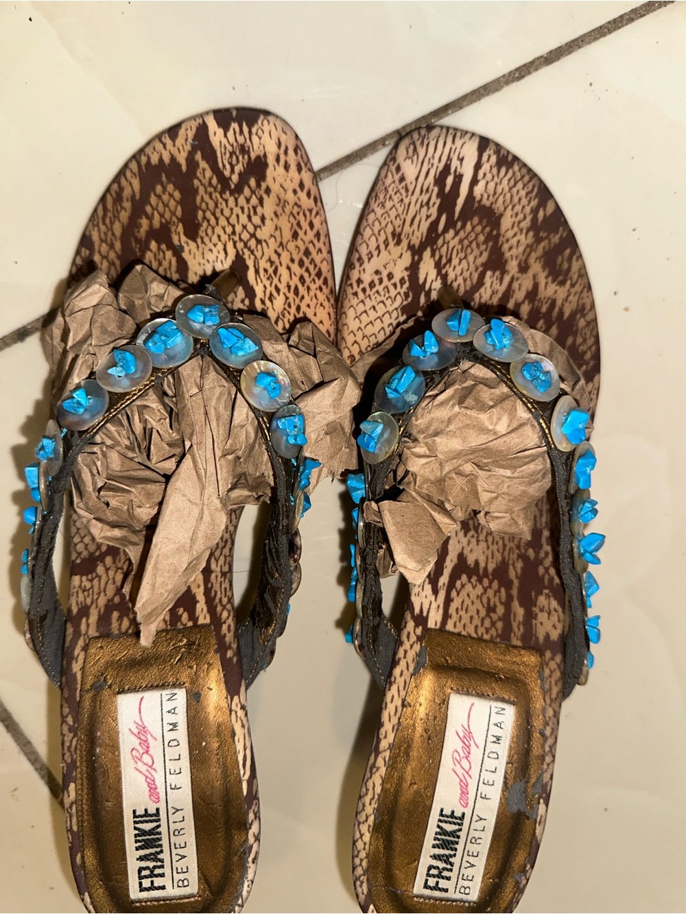 Beverly Feldman Brown Snake-Print Sandals with Turquoise Accents size 10 Y2K